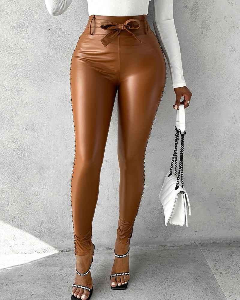 Slim Fit High Waist PU Leather Pants with Studded Tied Detail - Jamota