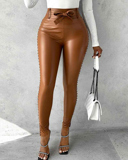 Slim Fit High Waist PU Leather Pants with Studded Tied Detail - Jamota