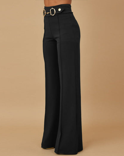 High Waist Casual Straight Leg Work Pants with Metal Button Detail