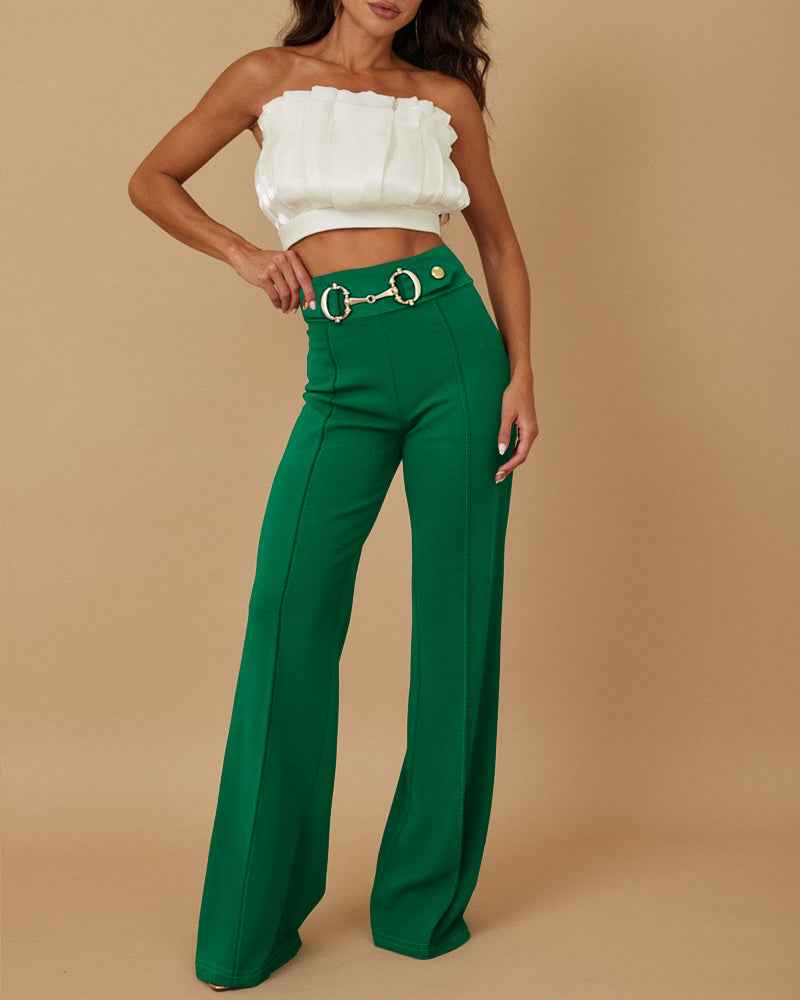 High Waist Casual Straight Leg Work Pants with Metal Button Detail