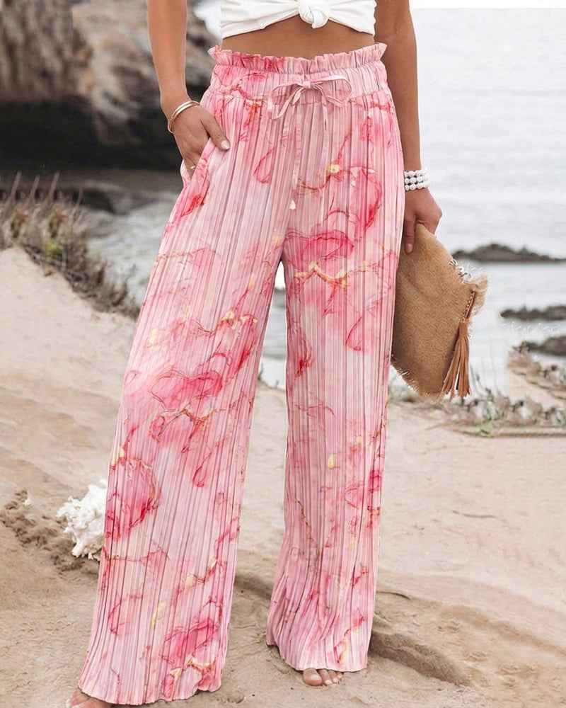 High Waisted Tie Dye Pleated Wide Leg Palazzo Pants with Pockets