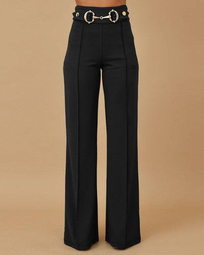 High Waist Casual Straight Leg Work Pants with Metal Button Detail
