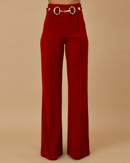 High Waist Casual Straight Leg Work Pants with Metal Button Detail