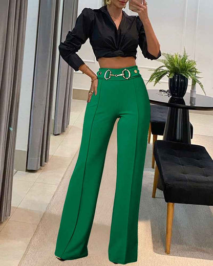 High Waist Casual Straight Leg Work Pants with Metal Button Detail