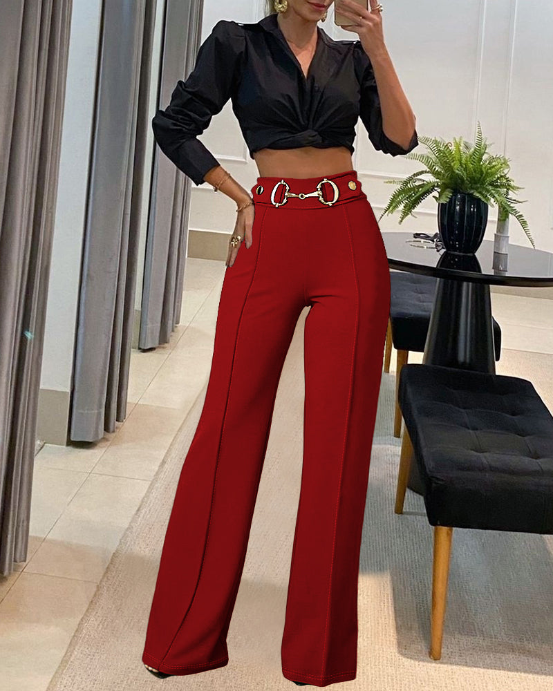 High Waist Casual Straight Leg Work Pants with Metal Button Detail