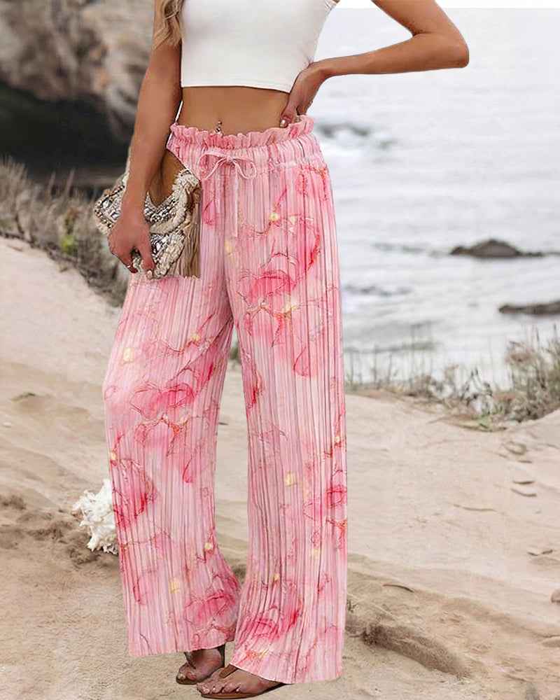High Waisted Tie Dye Pleated Wide Leg Palazzo Pants with Pockets