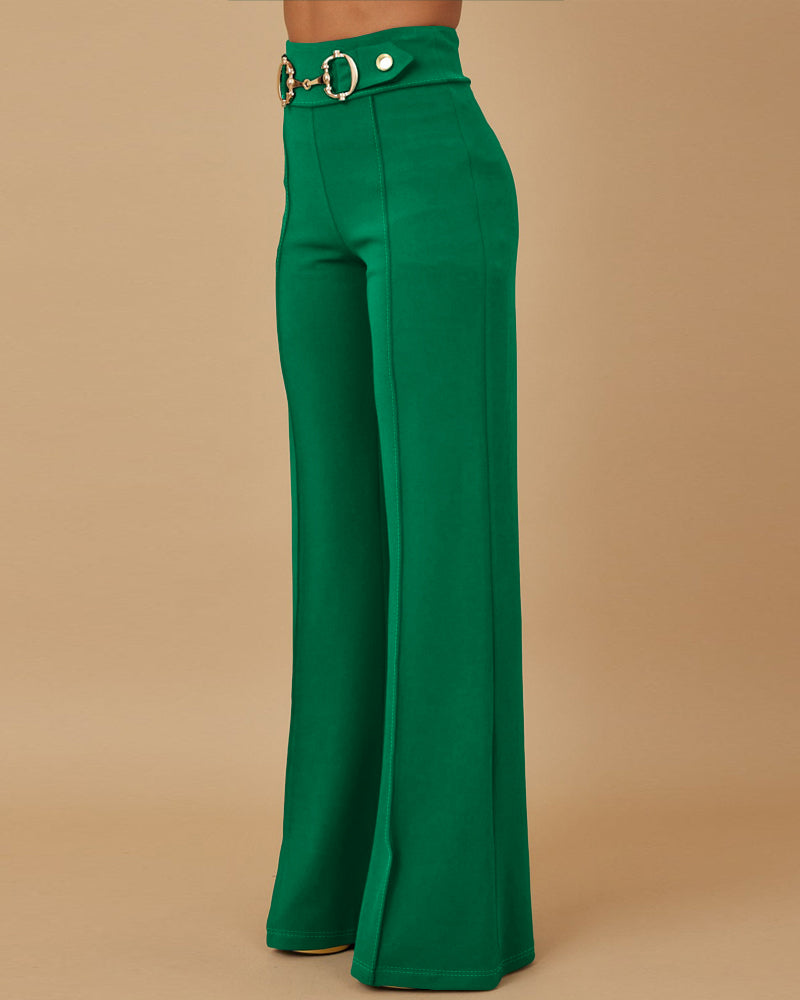 High Waist Casual Straight Leg Work Pants with Metal Button Detail