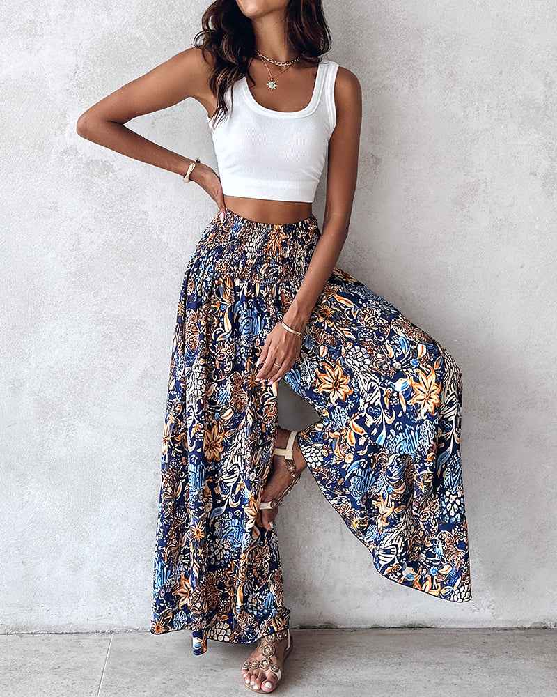 Vintage Floral Print High Waist Wide Leg Pants with Shirred Detail