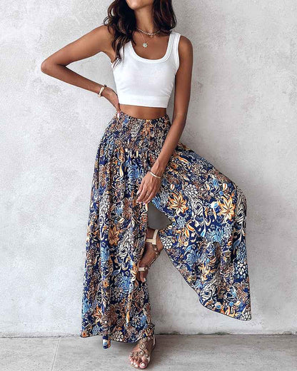 Vintage Floral Print High Waist Wide Leg Pants with Shirred Detail