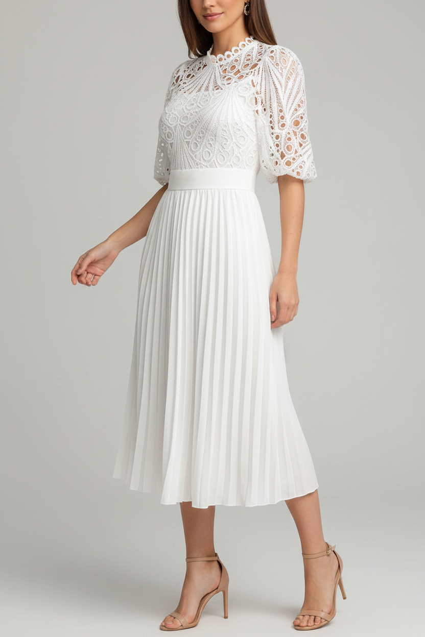 Pleated Lace Midi Dress with Puff Sleeves - Jamota
