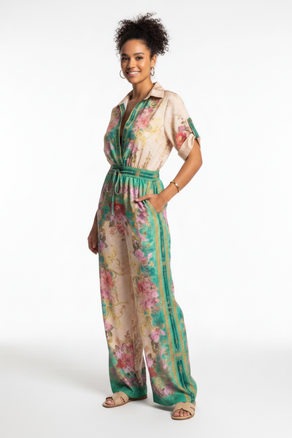 Floral Wide-Leg Jumpsuit with Roll-Up Sleeves - Jamota