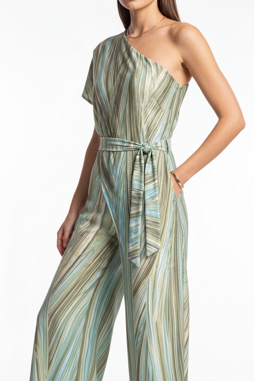Elegant Abstract Print Wide Leg Jumpsuit with Pockets and Belted Waist - Jamota