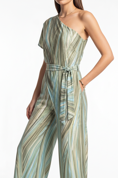 Elegant Abstract Print Wide Leg Jumpsuit with Pockets and Belted Waist - Jamota