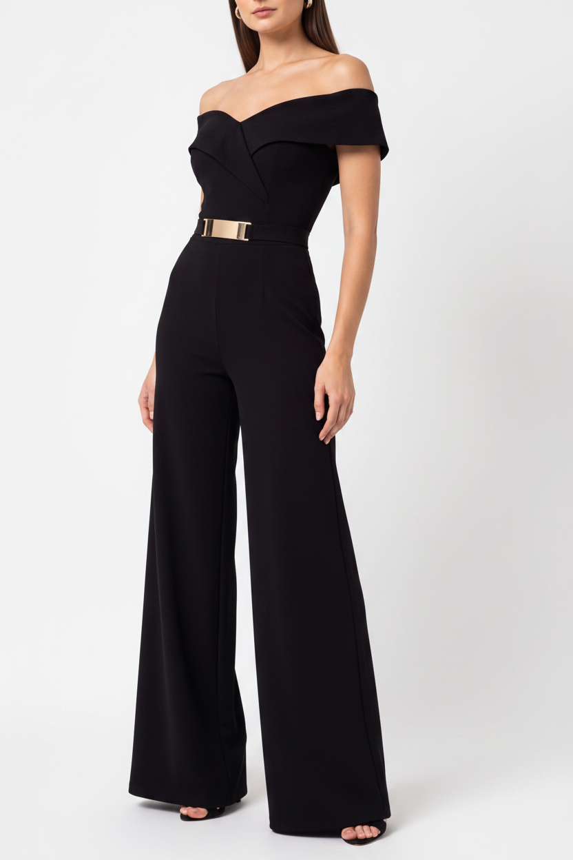 Elegant Black Off-Shoulder Wide-Leg Jumpsuit with Belt - Jamota