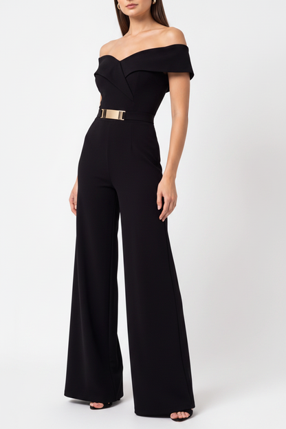 Elegant Black Off-Shoulder Wide-Leg Jumpsuit with Belt - Jamota