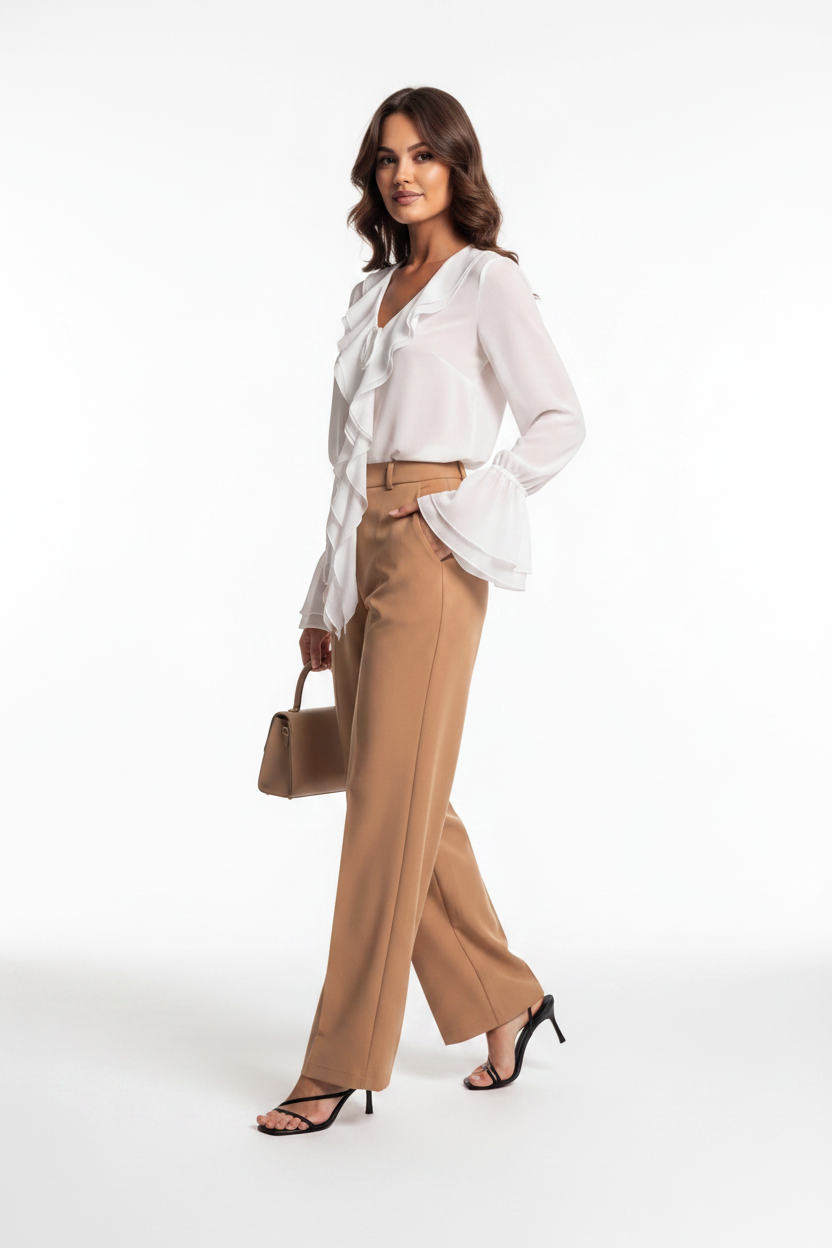 Ruffled Chiffon Blouse with Bell Sleeves and Tie Front - Jamota