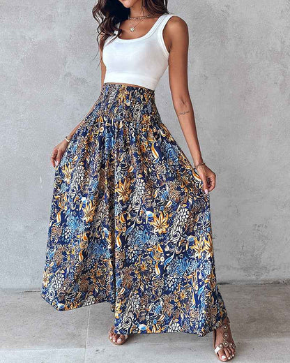 Vintage Floral Print High Waist Wide Leg Pants with Shirred Detail