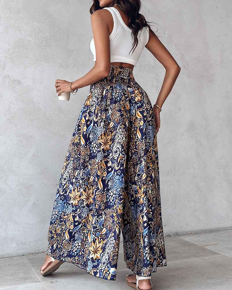 Vintage Floral Print High Waist Wide Leg Pants with Shirred Detail