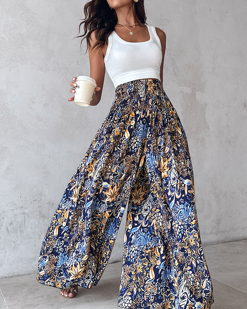 Vintage Floral Print High Waist Wide Leg Pants with Shirred Detail