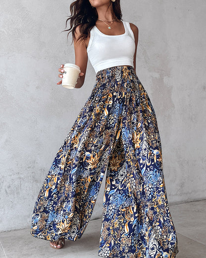 Vintage Floral Print High Waist Wide Leg Pants with Shirred Detail