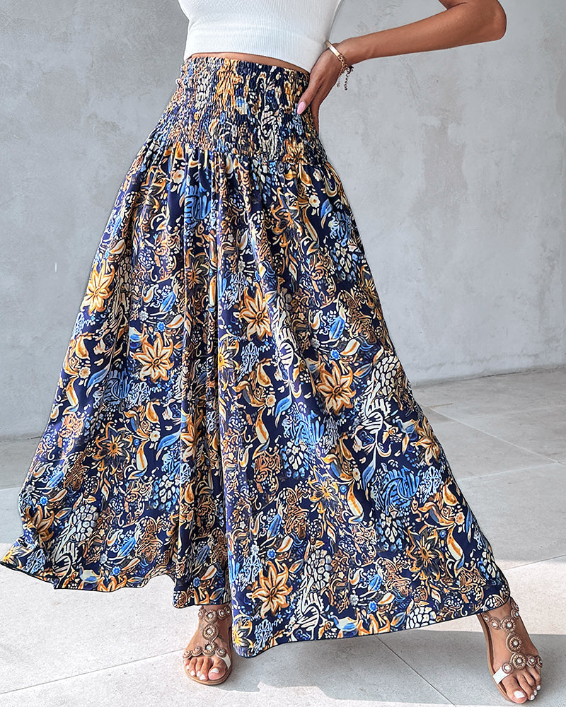 Vintage Floral Print High Waist Wide Leg Pants with Shirred Detail