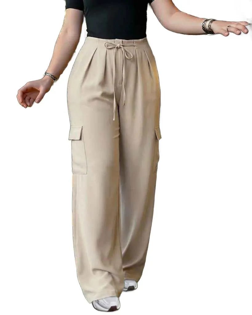 Stylish High-Waist Black Cargo Trousers with Pockets and Stretch Fabri - Jamota