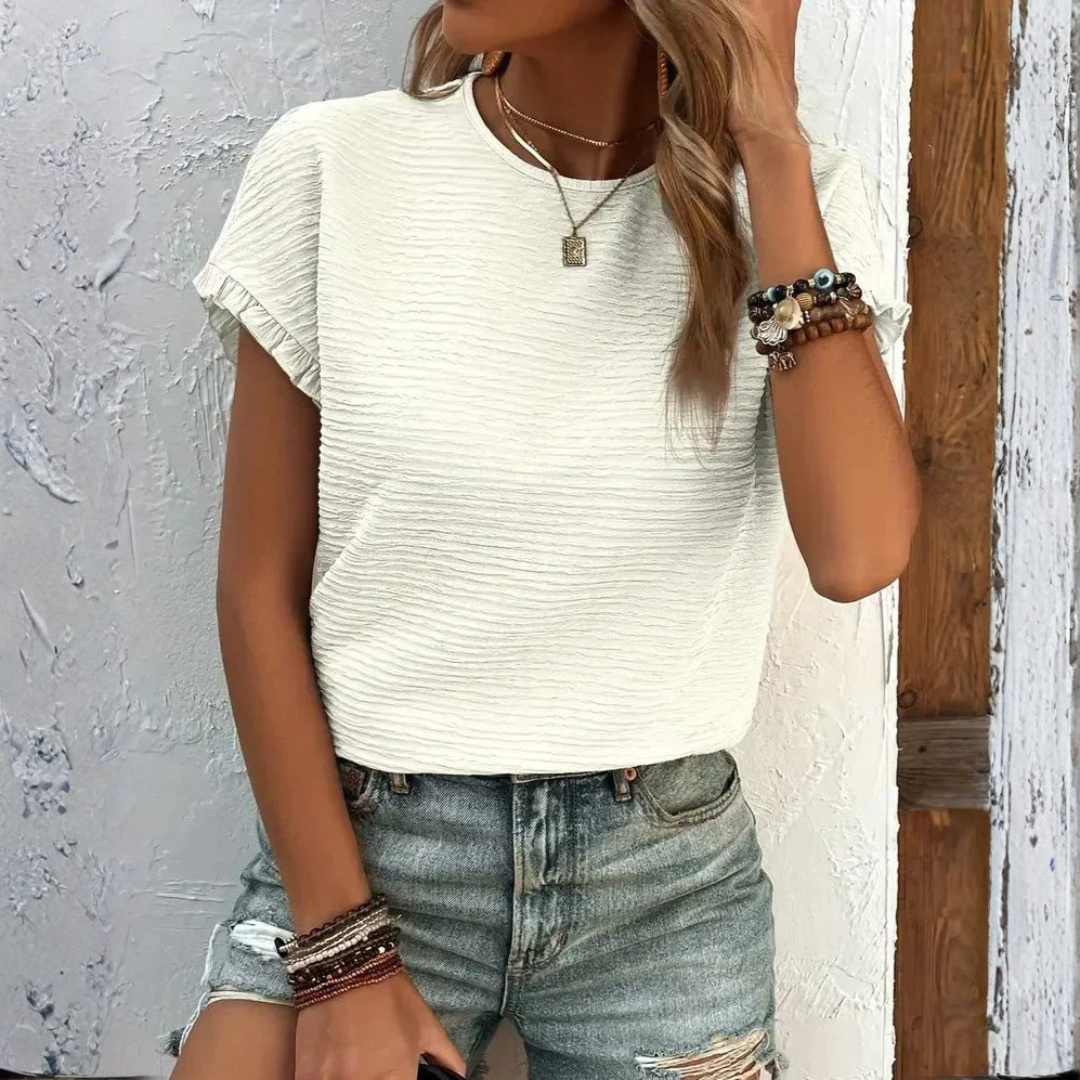 Charming Textured Ruffle Sleeve T-Shirt with Soft Fabric and Relaxed F - Jamota