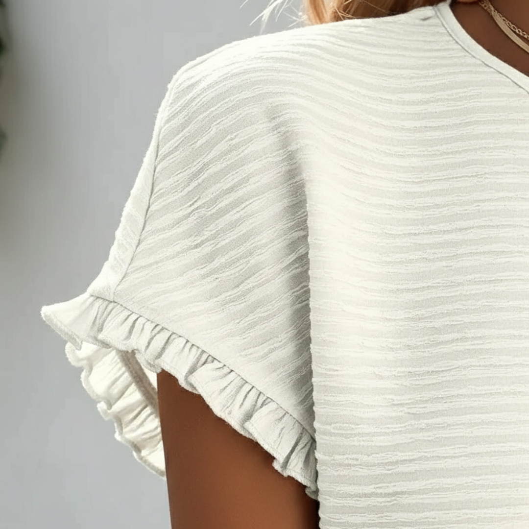 Charming Textured Ruffle Sleeve T-Shirt with Soft Fabric and Relaxed F - Jamota
