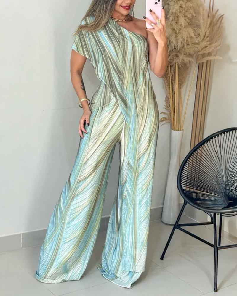 Elegant Abstract Print Wide Leg Jumpsuit with Pockets and Belted Waist - Jamota