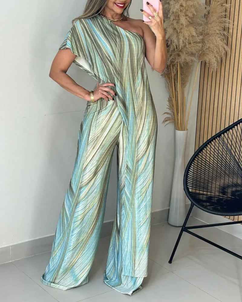 Elegant Abstract Print Wide Leg Jumpsuit with Pockets and Belted Waist - Jamota