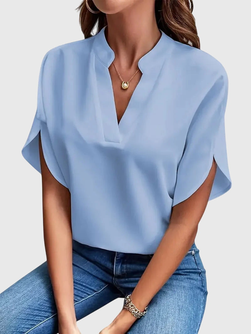 Elegant Soft V Neck Blouse with Lightweight Fabric and Relaxed Fit - Jamota
