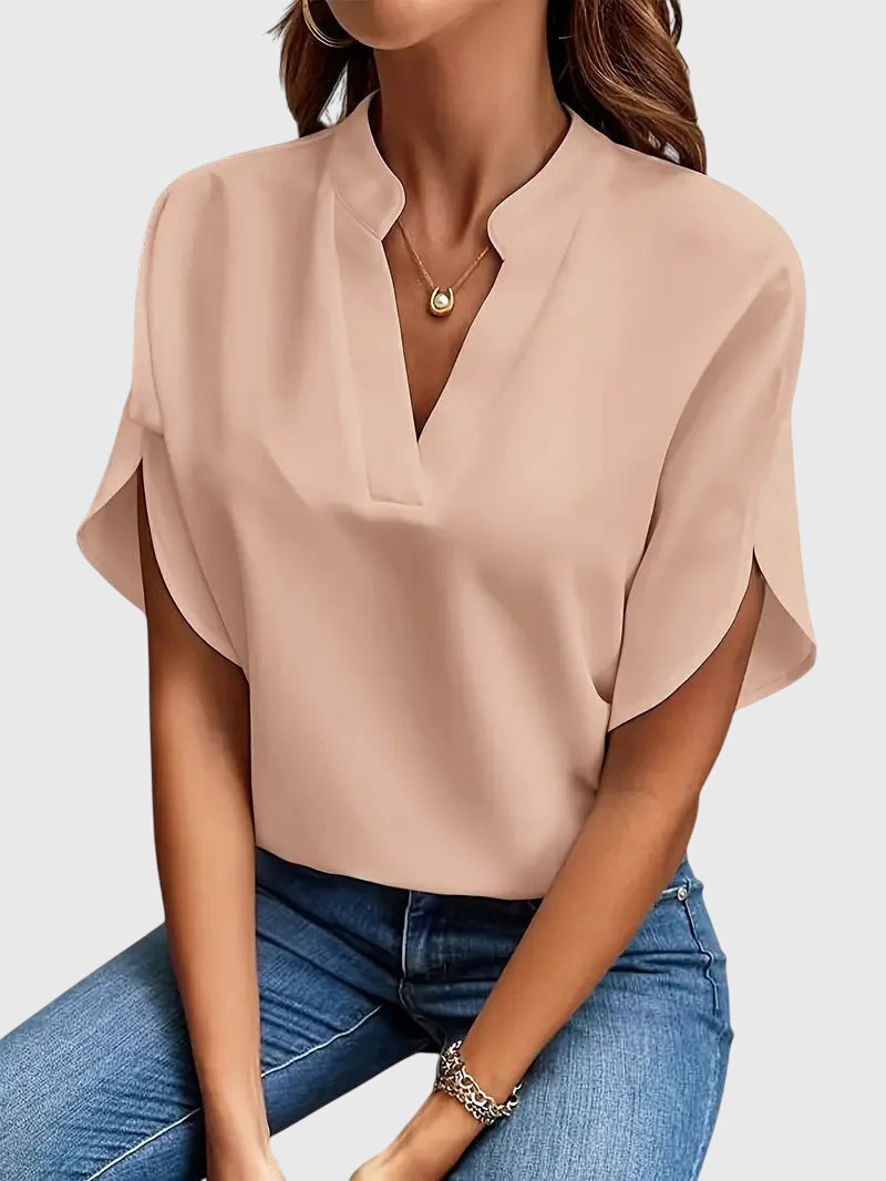 Elegant Soft V Neck Blouse with Lightweight Fabric and Relaxed Fit - Jamota