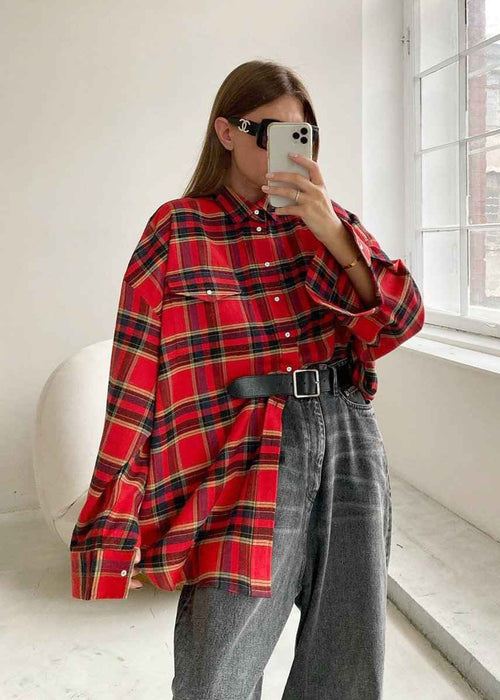 Stylish Oversized Red Plaid Shirt | Soft Fabric & Comfortable Fit - Jamota