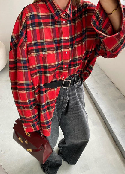 Stylish Oversized Red Plaid Shirt | Soft Fabric & Comfortable Fit - Jamota