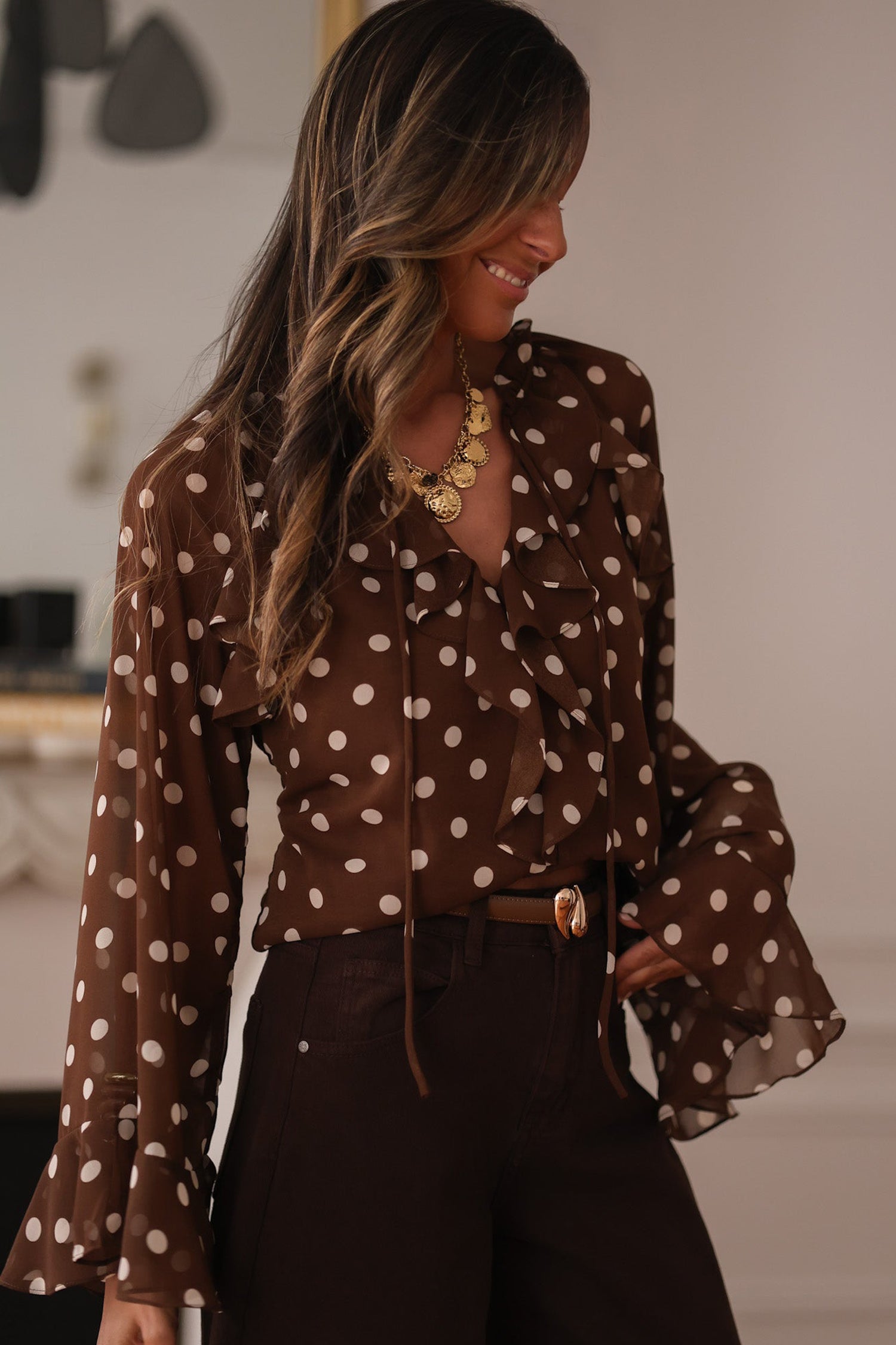 Elegant Vintage Polka Dot Blouse with Soft Fabric and Button Detail - Jamota