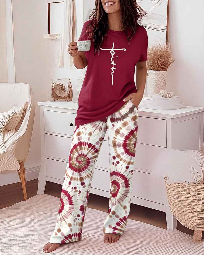 Women's Faith Print Pajama Set with Tie Dye Pants | Comfortable Lounge - Jamota