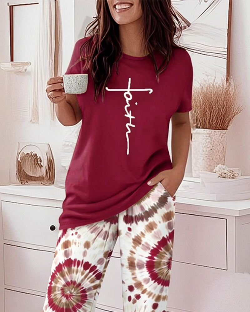 Women's Faith Print Pajama Set with Tie Dye Pants | Comfortable Lounge - Jamota