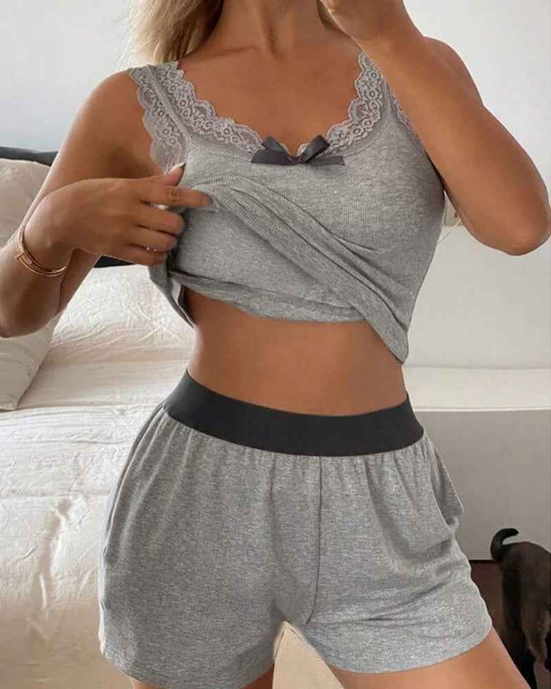 Casual Ribbed Pajama Set with Built-In Bra and Soft Comfort Shorts