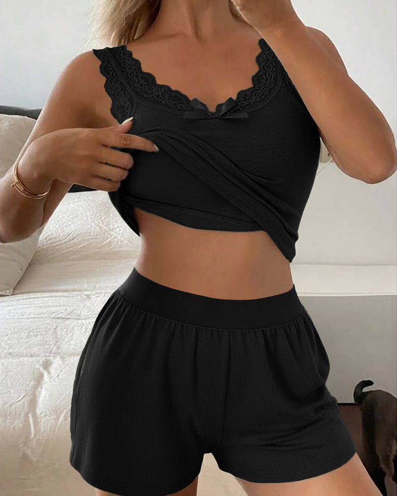 Casual Ribbed Pajama Set with Built-In Bra and Soft Comfort Shorts