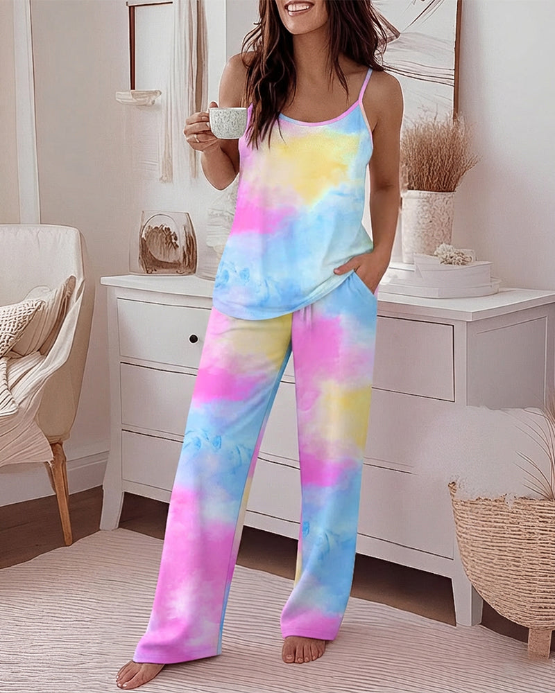 Professional Tie Dye Pajama Set | Adjustable Cami & Relaxed Wide Leg P - Jamota