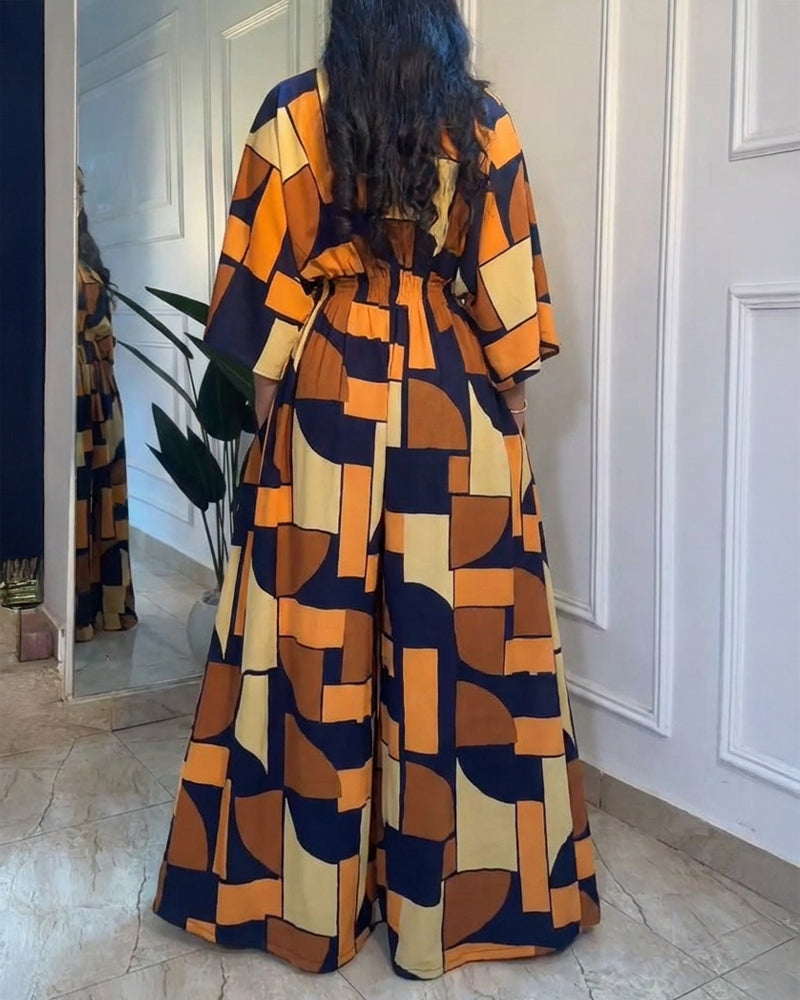 Chic Colorblock Geometric Jumpsuit with Belted Waist and Pockets - Jamota