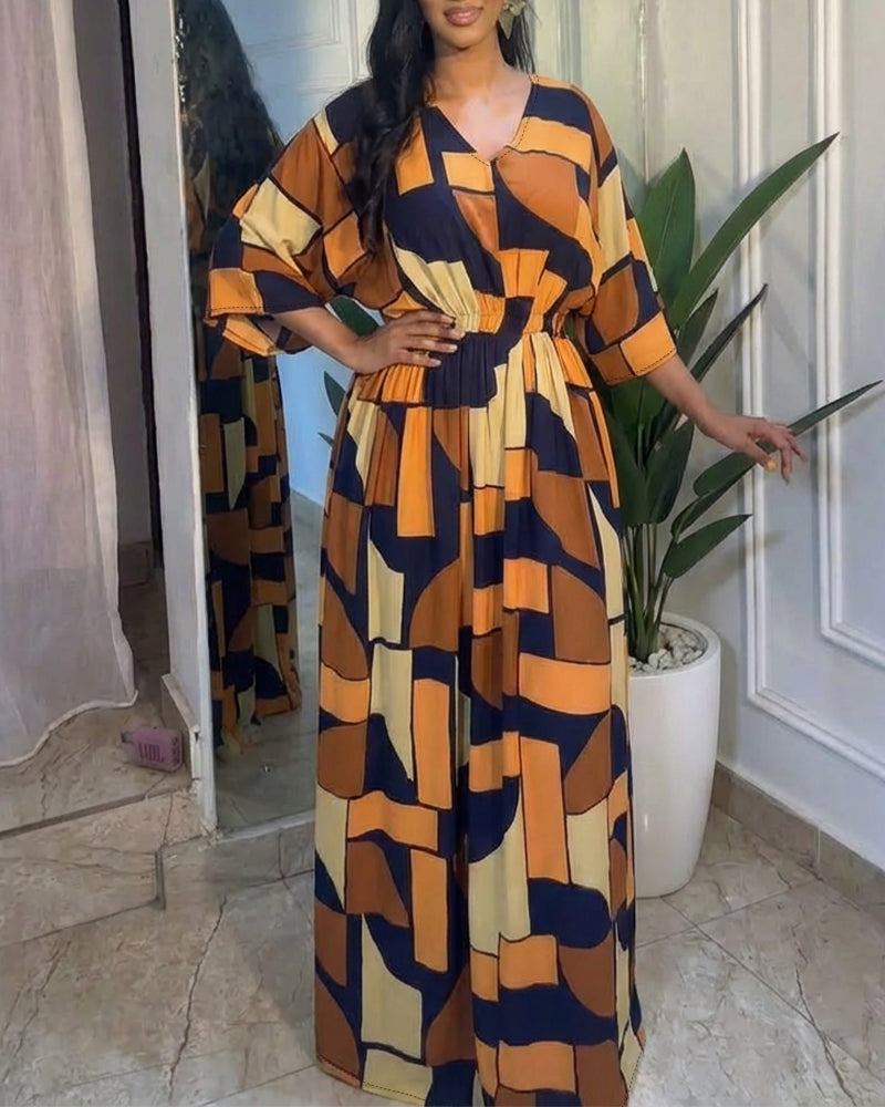 Chic Colorblock Geometric Jumpsuit with Belted Waist and Pockets - Jamota