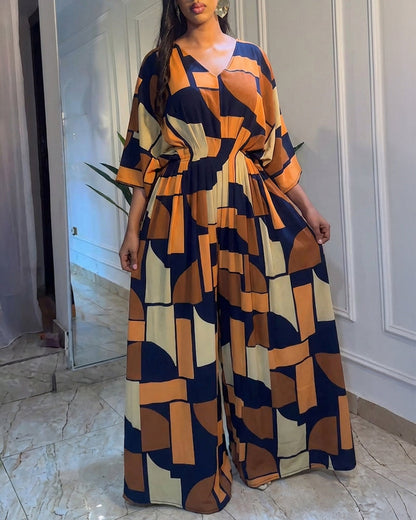Chic Colorblock Geometric Jumpsuit with Belted Waist and Pockets - Jamota