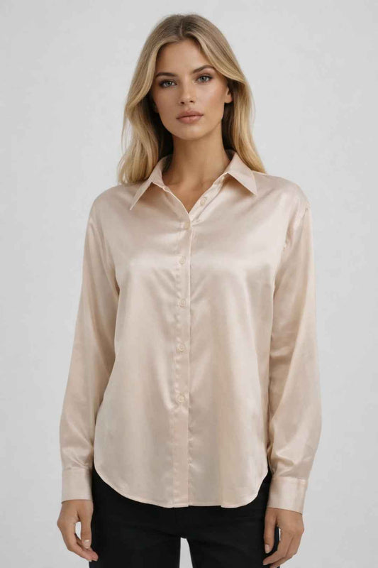 Elegant White Silk Blouse with Tailored Fit and Button Details - Jamota