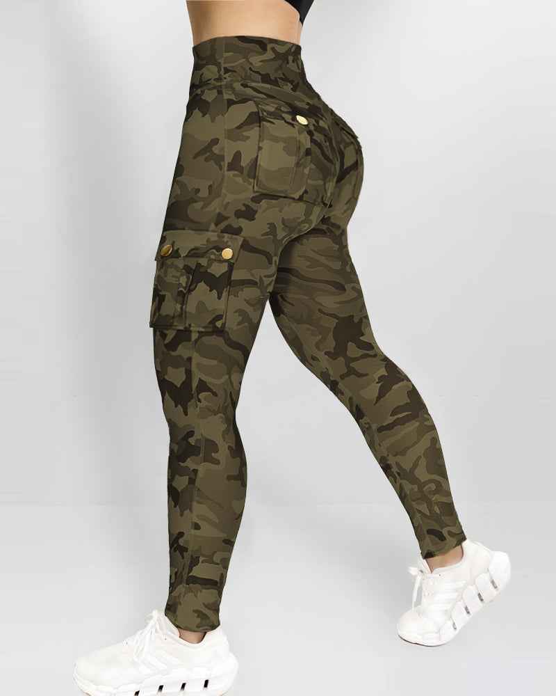 Trendy Camouflage High-Waist Leggings with Pockets and Stretch Fabric - Jamota