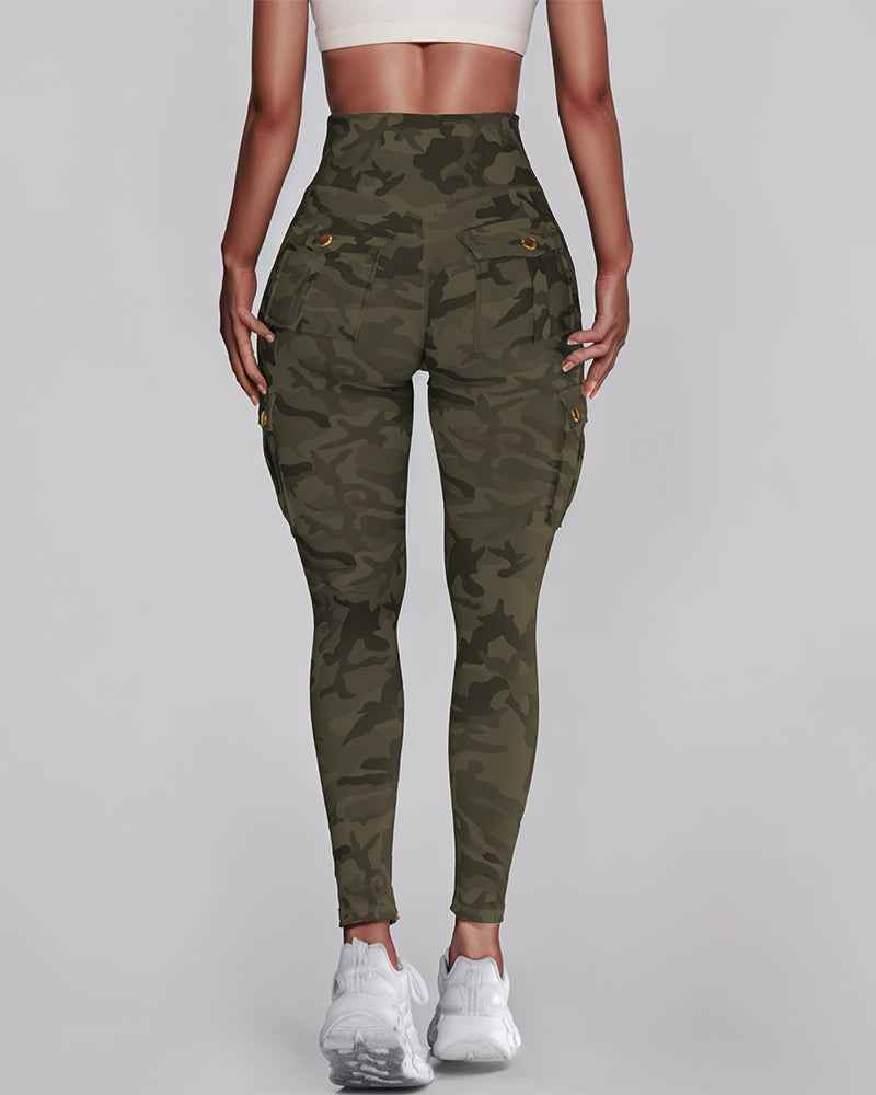Trendy Camouflage High-Waist Leggings with Pockets and Stretch Fabric - Jamota