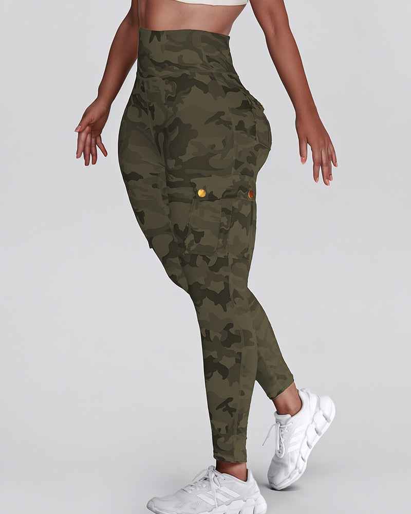 Trendy Camouflage High-Waist Leggings with Pockets and Stretch Fabric - Jamota