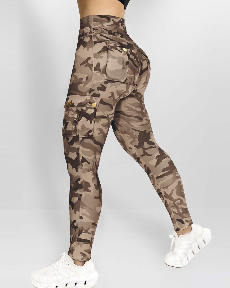 Trendy Camouflage High-Waist Leggings with Pockets and Stretch Fabric - Jamota