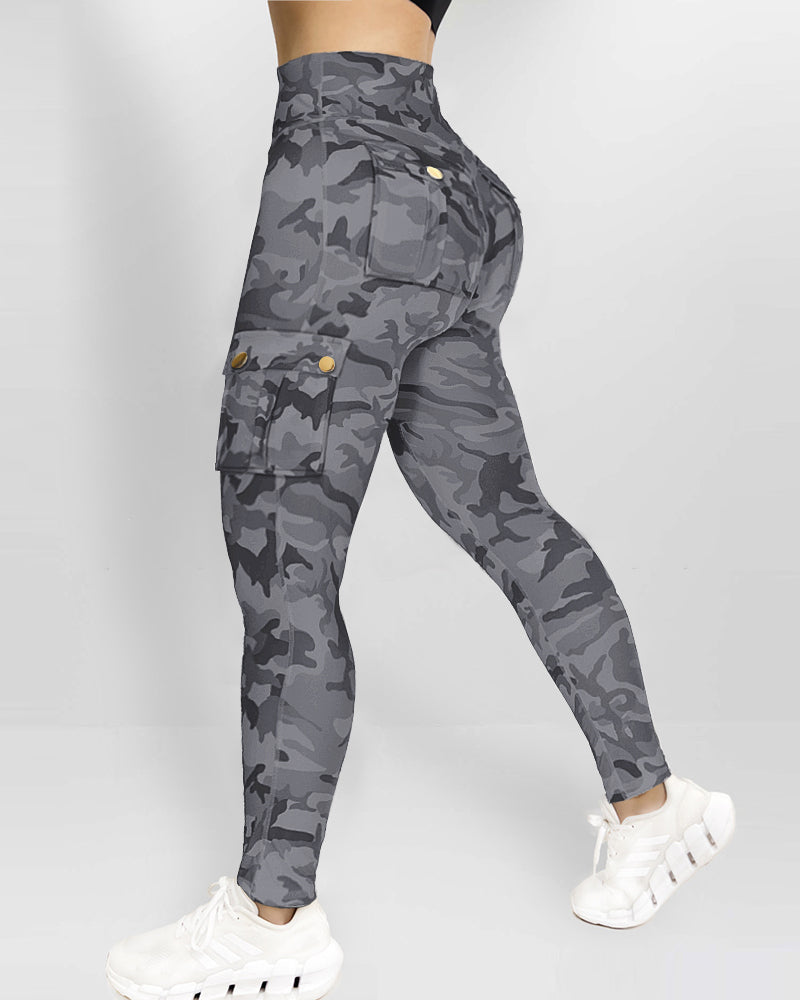Trendy Camouflage High-Waist Leggings with Pockets and Stretch Fabric - Jamota