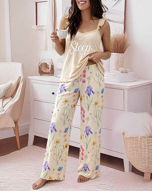 Floral Wide Leg Cami Pajama Set | Ruffle Trim & Comfortable Fit - Jamota